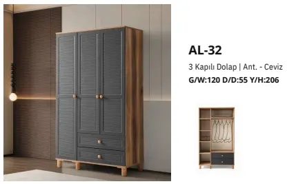 AL-32 3 Kapılı 2 Çekmeceli Gardrop