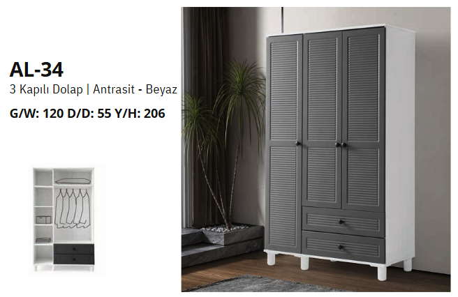 AL-34 3 Kapılı 2 Çekmeceli Gardrop