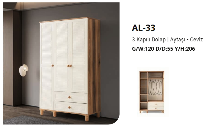 AL-33 3 Kapılı 2 Çekmeceli Gardrop